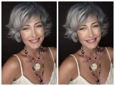 Women's Grey Bob Hairstyles Wavy 100% Human Hair Wigs Bangs Capless Wigs 8Inch