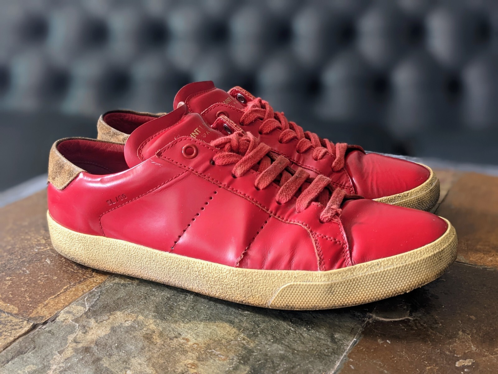 Saint Laurent Paris SL 06 top basso in pelle rossa corte taglia classica EU 42 5 US 9 5