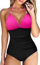 RXRXCOCO Women's Size Small Vneck Tummy Control Ruched Halter 1 Piece Swimsuit