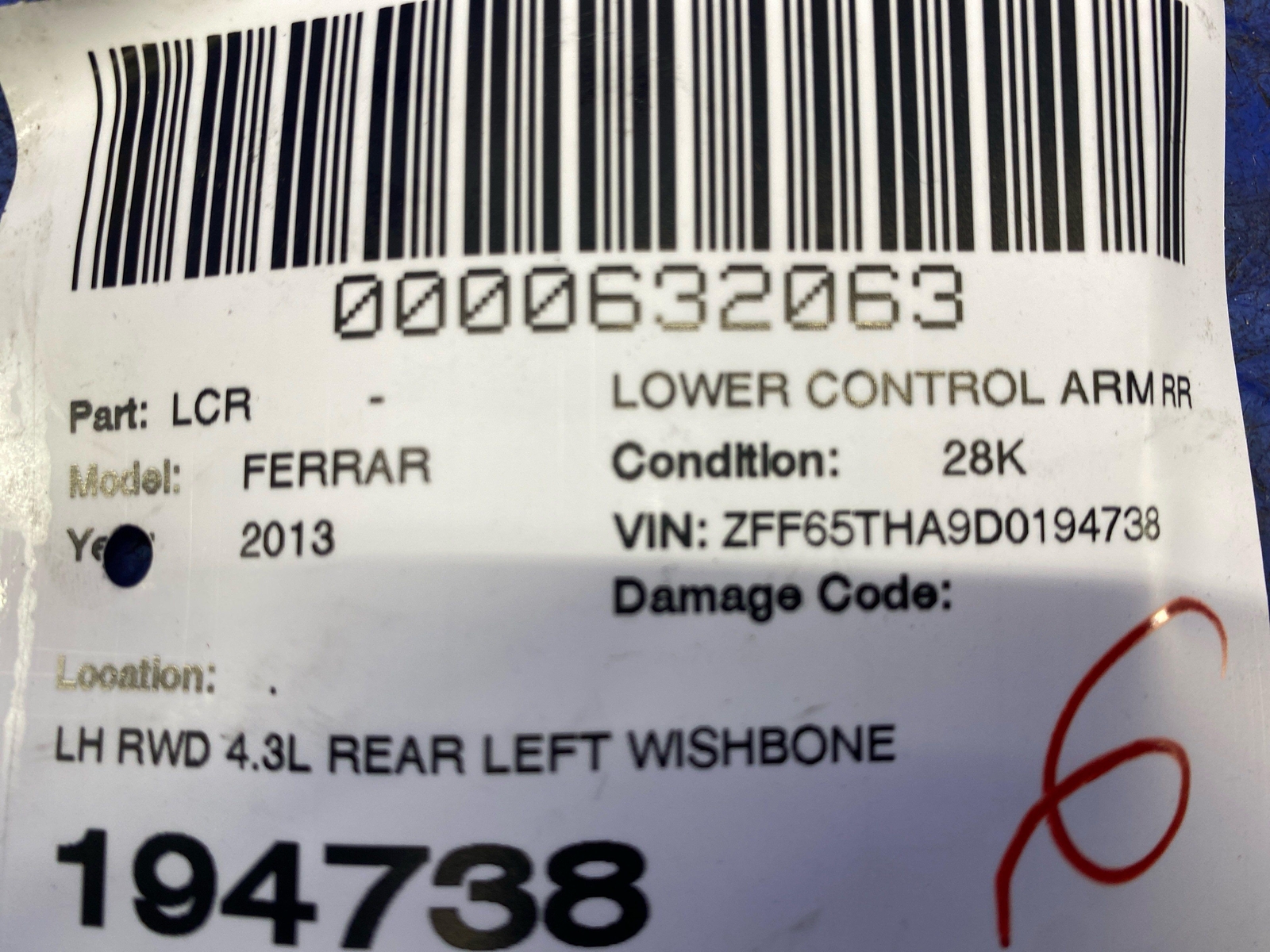 2008-2014 FERRARI CALIFORNIA RWD 4.3L REAR LEFT WISHBONE LINK CONTROL ARM OEM