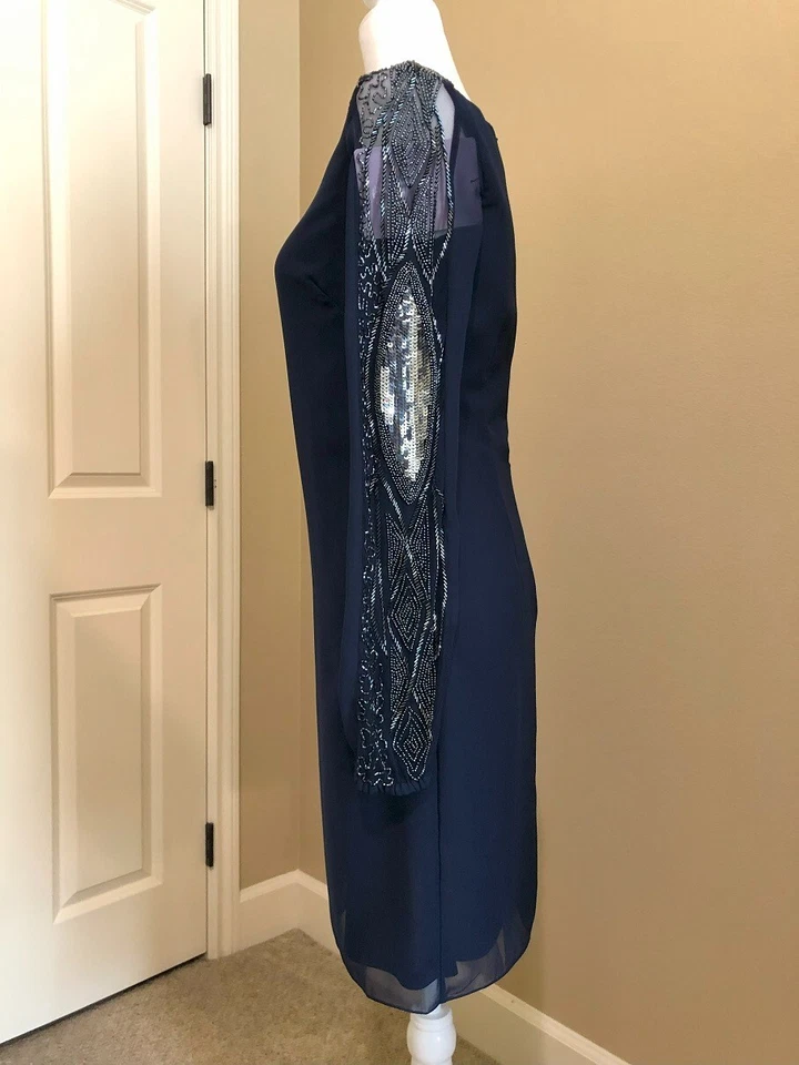 JS Collections Navy Beaded Sleeves Chiffon Dress NWT Size2 - Image 3 of 4