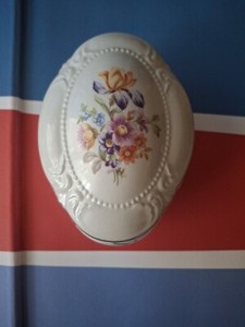 Rare Vtg. Blue Crown 1877 GDR Fine Trinket Dish Lid Floral Flowers Decor Germany