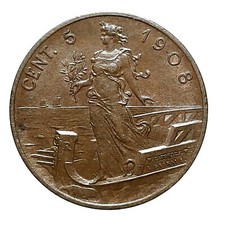 [NC] VITTORIO EMANUELE III 5 CENTESIMI 1908 SPL/FDC RARA TRACCE DI ROSSO (nc403b