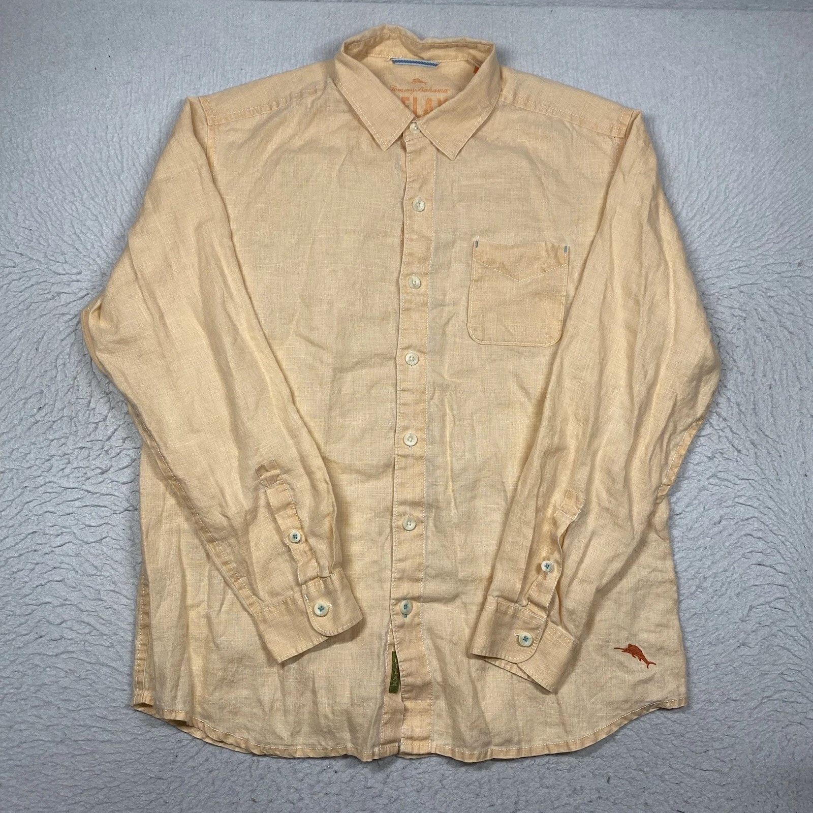 Tommy Bahama Shirt Relax Linen Mens Large Orange Peach Long Sleeve Button Up