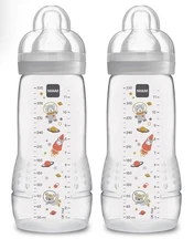MAM Easy Active Bottle 11 oz (2-Count), Fast Flow Bottles with Silicone Nipples,