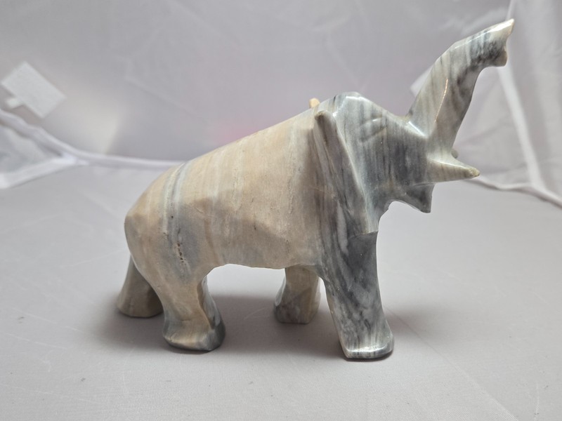 Vintage Hand Carved Onyx Marble Stone Elephant Trunk Up Tusks 5.5" Figurine
