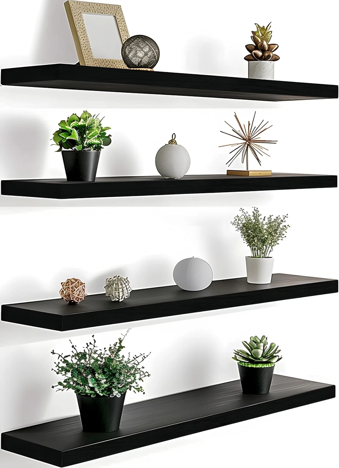 Rustic Black 24" Floating Wall Shelves - Set of 4 for Bedroom Decor