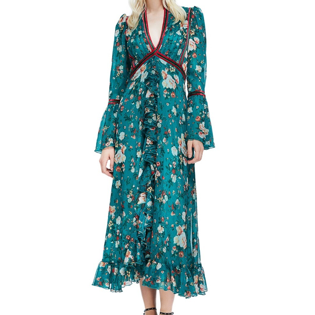 Tadashi Shoji Green Floral Bazile Chiffon Velvet Trim Ruffle Tea Midi Dress  18 | eBay