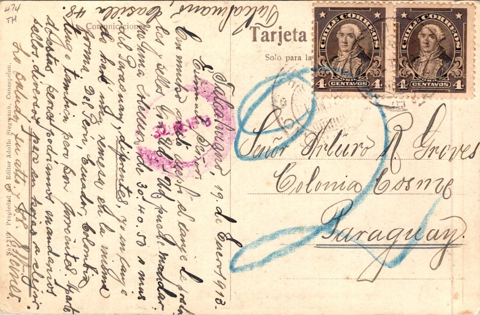 CHILE 1913 PRIMERA GUERRA MUNDIAL POSTAL ACORAZADO O'HIGGINS ADDR PARAGUAY MATASELLOS TALCAHUANO Foto 2 de 2