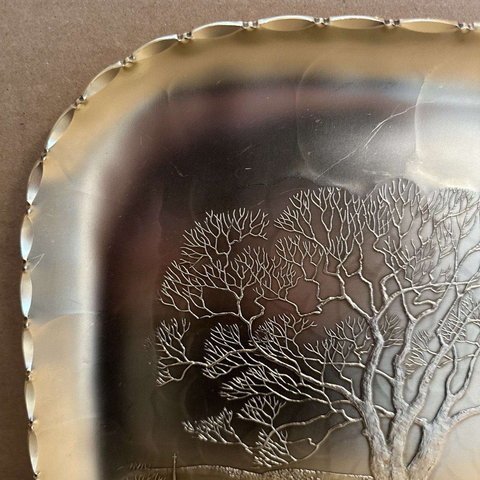 Arthur Armour Hammered Aluminum Gold Tray Tree Church Scene 11-5/8" x 11-5/8"