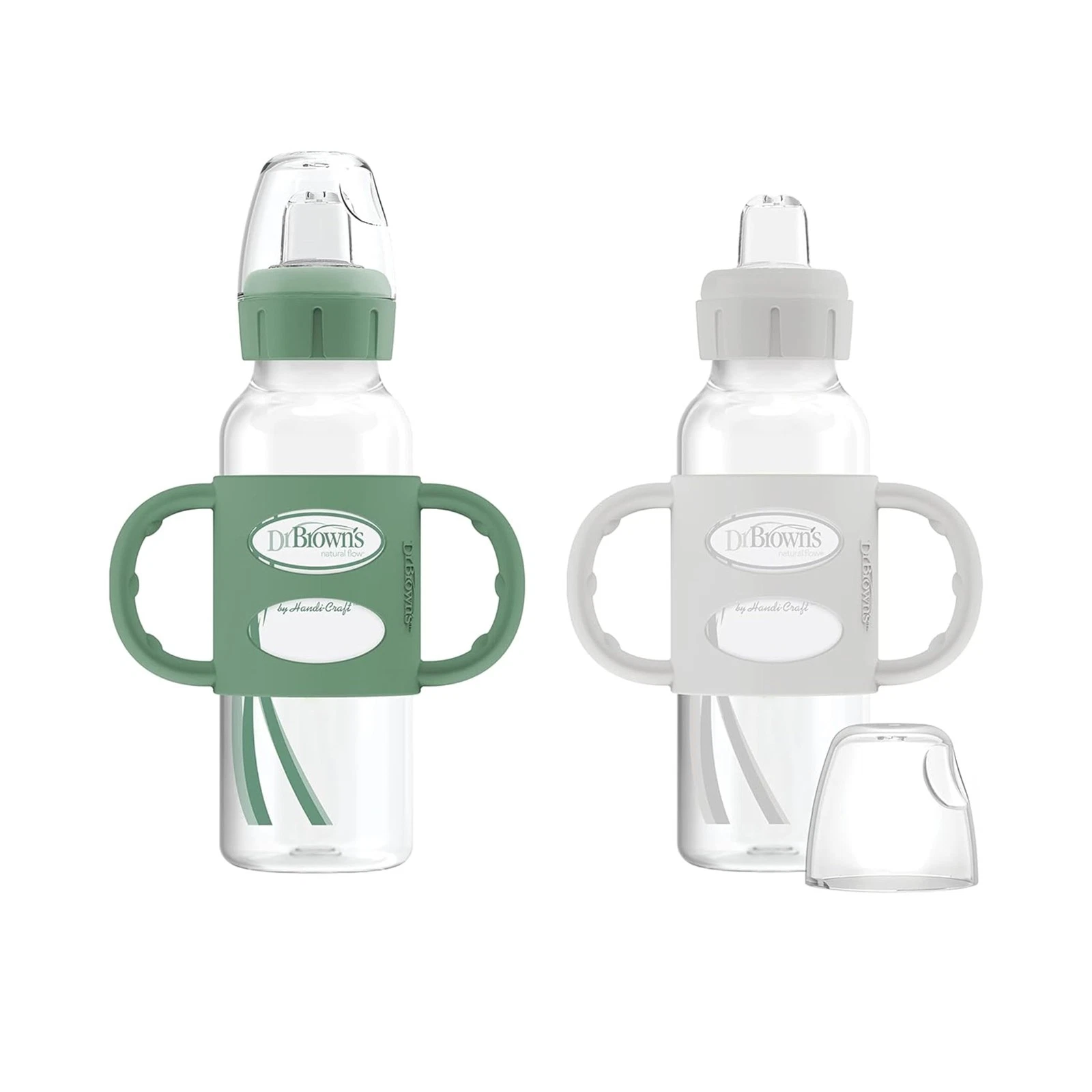 Dr. Brown's Sippy Spout Bottle Silicone Handles Green & Gray 8oz 2-Pack