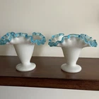 Pair Set 2 Vintage Fenton Milk Glass Aqua Crest Ruffled Jack In The Pulpit Vase