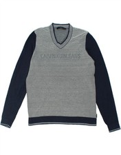 CALVIN KLEIN JEANS Mens Graphic V-Neck Jumper Sweater XL Navy Blue Striped FW13