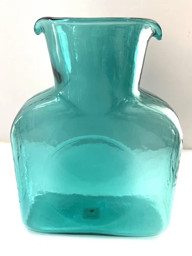 Blenko Hand blown Glass Teal Blue 384 Double Spout Pitcher 8"x 6"