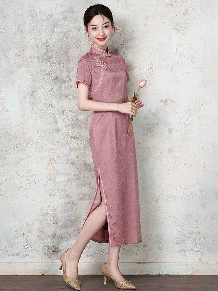 A47 Women Floral Jacquard Qipao Dress Chinese Cheongsam Elegant Slim Fit Maxi Dr