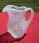 VINTAGE Fenton PASTEL BLUE Opalescent Glass PITCHER Pulled Feather Design SIGNED