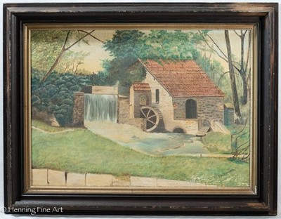 Antique American Folk Art Painting of Mill House by E.W. Burnham, Framed & Nice