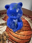 Fenton Bear Periwinkle Blue Slag Glass Sitting Bear Hand Painted Signed- Mint