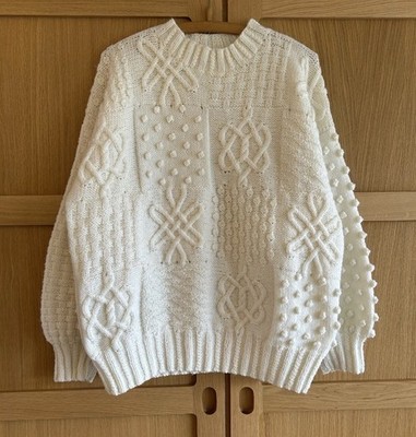 Vintage Aran Fisherman Handgestrickt Creme Pullover Pulli 80er 