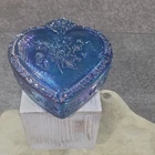 Fenton Blue Carnival Glass Heart-Shaped Trinket Box Hand Painted Floral Design