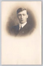 Vintage Early 1900s Young Man Portrait RPPC Real Photo Postcard AZO Stamp Box