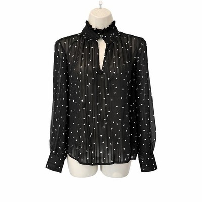 Oodji Ultra Black Sheer Heart Blouse Size S Ruffle High Neck Chiffon Top NWT