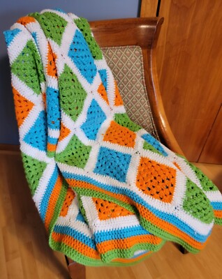 Afghan Blanket Handcrafted Large Lime Green Orange Turquoise White eBay