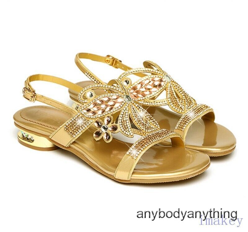 PANTOFOLA D’ORO Sandali Boemia Donna Strass Tacco Basso BlingBling Scarpe da Spiaggia Casual