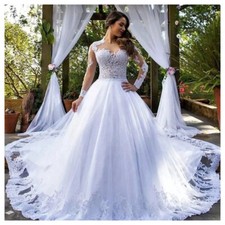 Luxury Wedding Dress O-neck Lace Decal Illusion Bead Sparkling Bridal Dress HOT
