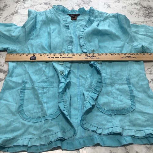 Multiples Open Front Ruffle Trim Linen Jacket Womens Size Large Blue Buttons - Picture 17 of 18
