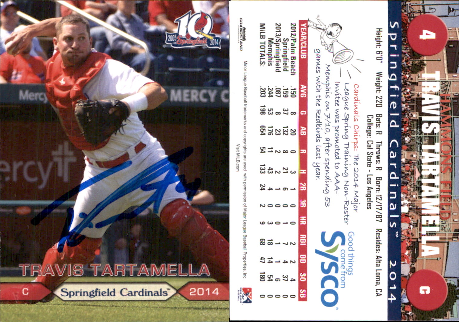 Travis Tartamella Signed 2014 Grandstand Springfield Cardinals SGA Card