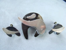 Modernist Mexican Sterling Silver and Bone Signed TAXCO Pin & Earring SET