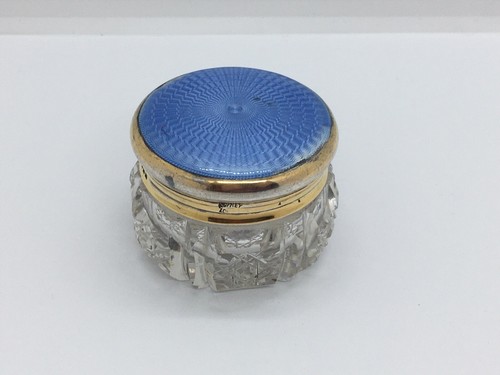 Asprey Solid Silver Gilt & Guilloche Enamel Topped Glass Dressing Table Pot Jar - Picture 1 of 10