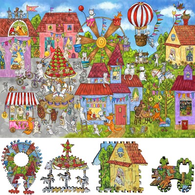Wooden Jigsaw Puzzle for Adults by FoxSmartBox - 425 Pieces - Busy Town