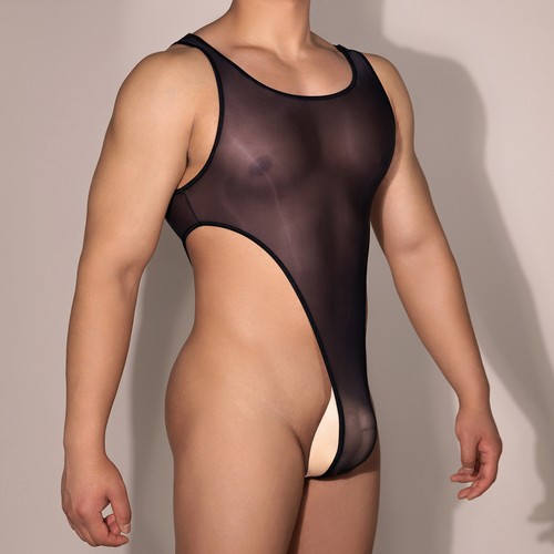 Body Uomo Trasparente Setoso Intimo Taglio Alto Tanga Body Lingerie Lucido - Foto 9 di 86