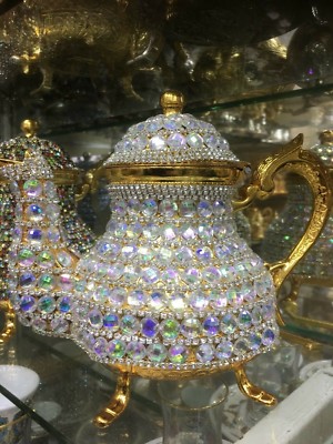 Turkish Handmade Swarovski Crystals Coated Copper Teapot Home Decor Gold Color