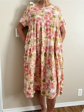 Floral Tiered Cotton Dress in Pink & Green