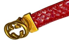 Vintage Gucci Red Snakeskin  Embossed Belt GG Gold Solid Brass Buckle 85/34 RARE