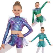 Girls Mermaid Costume Sequined Dress-Up Mesh Tulle Trim Dance Outfit Ruffles