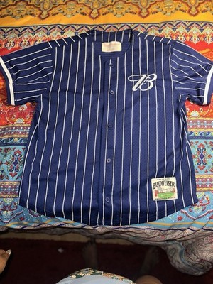 Budweiser Blue Pinstripe Baseball Jersey Button-Down Breweriana Shirt