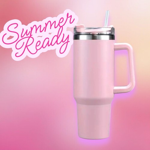 Pink 40 Oz Tumbler Cup With Straw Handle Insulated Double Wall