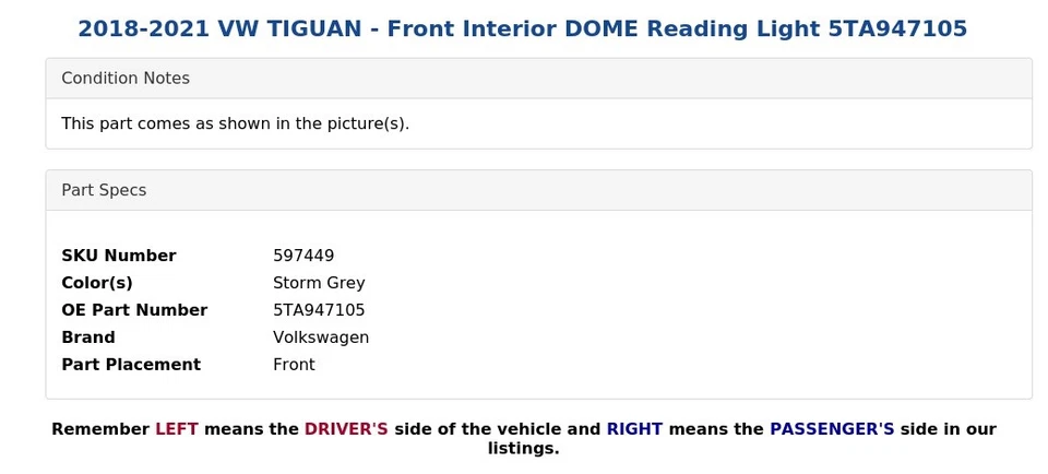 VW TIGUAN 2018-2021 - Luz de lectura cúpula interior delantera 5TA947105 Foto 4 de 4