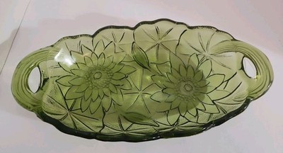 Vintage Indiana Glass Avocado Green Sunflower Oval Relish Handle Dish Lily Pons
