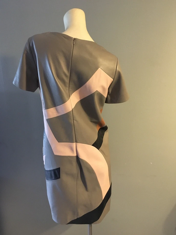 Escada 100% Lamb Leather Pewter Color Zipper Pockets Fully Lined Dress Sz 40 - Image 4 of 4