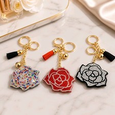 Sparkly Rhinestone Rose Flower Keychain Puffy Bag Charm Bell Tassel Gold Ring
