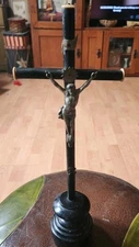 Antique French Turned Blacked Wood Crucifix Religious Item