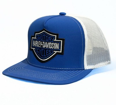 Harley Davidson Embroidered Logo SnapBack Hat Blue And White Adjustable Mesh Cap