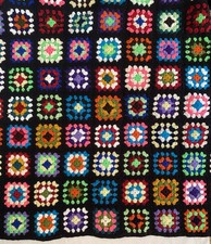 Vintage Granny Square Afghan Hand Crochet Black Multi-Color Blanket 63x46 Retro