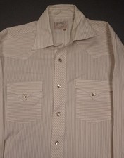 Vintage H Bar C Ranchwear Shirt Mens Medium Beige Stripe Western Pearl Snap USA