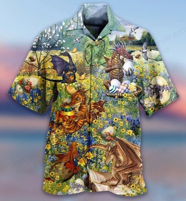 Herren Button Down Ostern Fantasy Drachenei Hawaii Blumen Geschenk Hemd